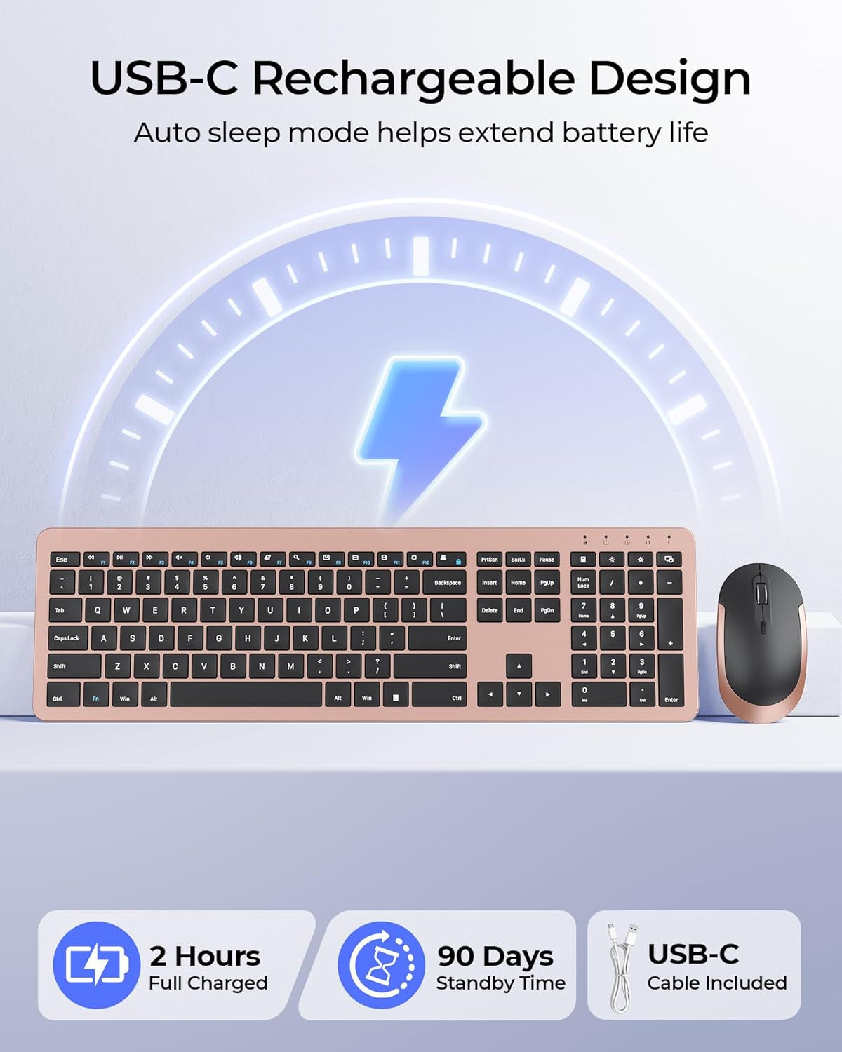 Wireless Keyboard and Mouse Combo, Rechargeable Quiet Keyboard Mouse, Sleek and Ultra Thin Design, Full-Size with Number Pad for Windows, Laptop, PC, Notebook, Desktop- Rose Gold & Black